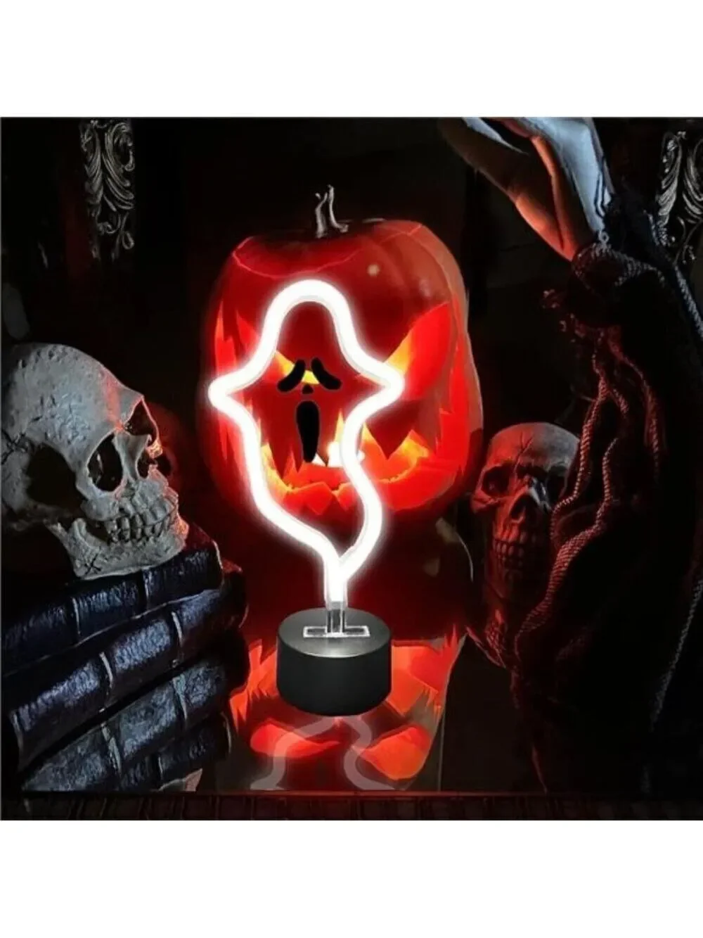 Halloween Ghost Neon Sign, Decoration LED Light Sign with Base, Ghost Shape Lamp